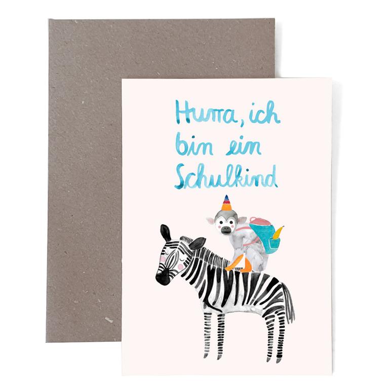 Grußkarte Schulkind Affe & Zebra