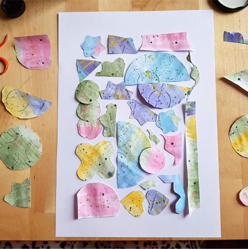 DIY mit Kind: Schritt 4 - die einzelnen Formen auf ein neues Blatt Papier legen und festkleben