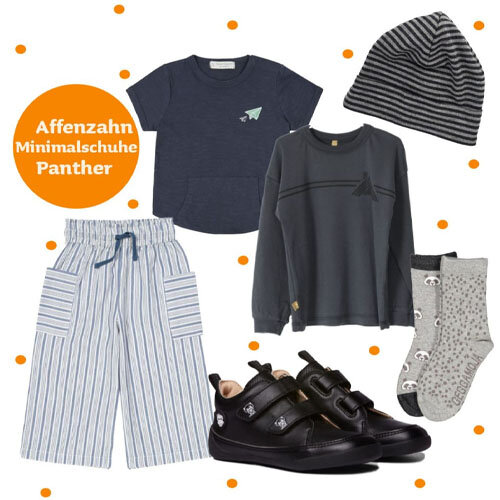 Outfit mit den neuen Minimalschuhen von Affenzahn: Modell Panther