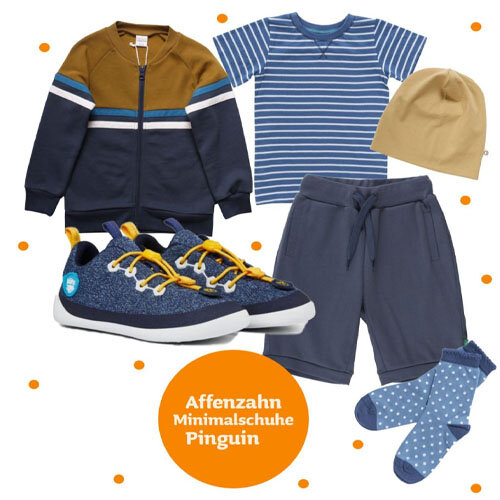 Neue Kinderschuhe von Affenzahn in einem Outfit kombiniert mit dem Modell Pinguin
