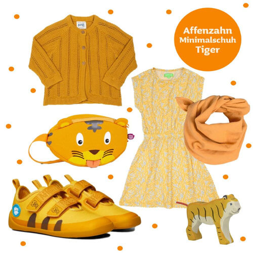 Outfit für Kinder mit den Affenzahnschuhen und dem Modell Tiger in gelb