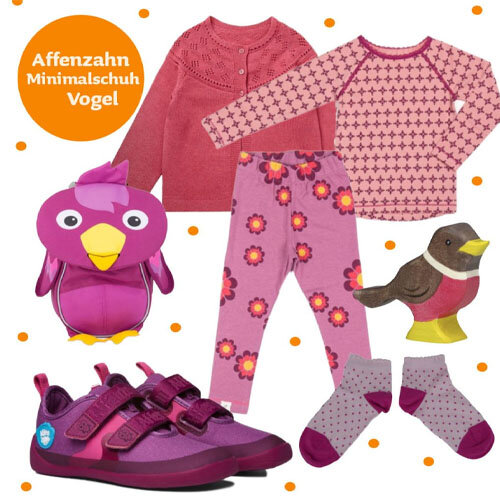 Outfit mit den neuen Barfußschuhen von Affenzahn mit dem Modell Vogel in rosa und pink