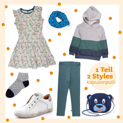 1 Kleidungsstück 2 Outfits mit dem Hoodie von Fred´s World by Green Cotton - Look 1 mit einem Kleid mit Blumen-Muster