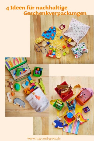 3 Flatlays mit Spielzeug in nachhaltigen Geschenkverpackungen zu Ostern