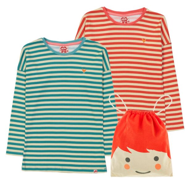 Shirt langarm gestreift türkis/rot 2er-Pack