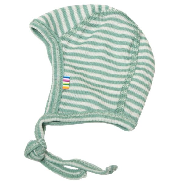 Baby-Häubchen Wolle/Seide geringelt aqua - 37