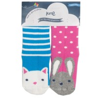 Stoppersocken Hase &amp; Katze rosa-blau 2er-Pack