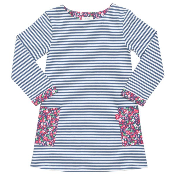 Kleid langarm Blumen gestreift navy-weiß