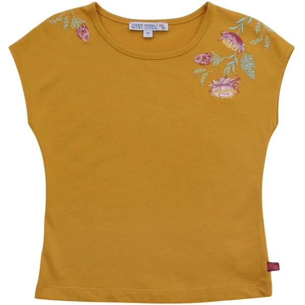 Top mit Blumenstickerei ochre - 140