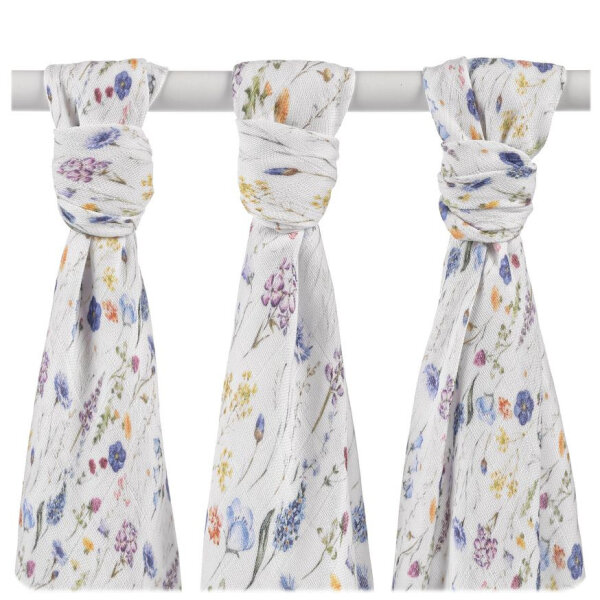 Mullwindel Bambus/BW 70x70cm Blaue Wildblumen