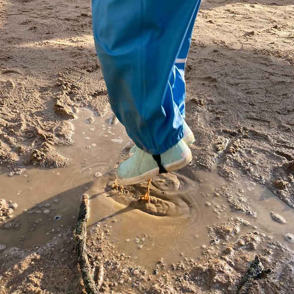 Ein Kind springt in eine Pfütze voller Matsch. Bekleidet mit blauen Gummistiefeln von Bergstein sowie einer Regenhose in blau von BMS.